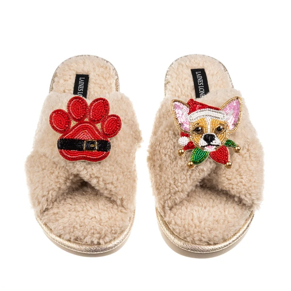 Laines London Laines Boucle Slippers With Christmas Chihuahua & Paw Brooches