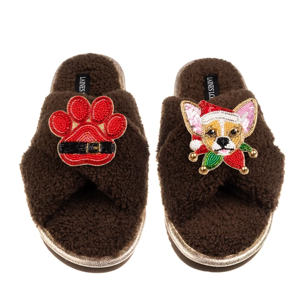 Laines London Laines Boucle Slippers With Christmas Chihuahua & Paw Brooches