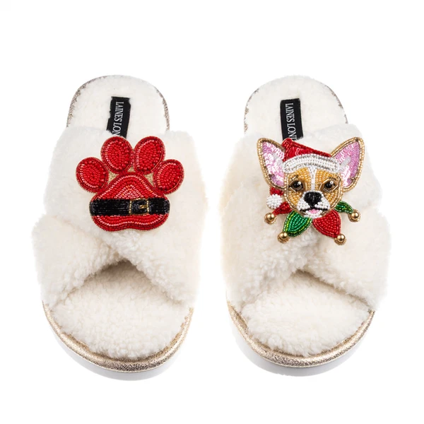 laines london Laines Boucle Slippers With Christmas Chihuahua & Paw Brooches laines london Laines Boucle Slippers With Christmas Chihuahua & Paw Brooches