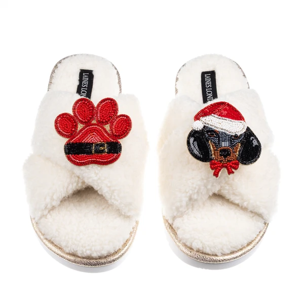 Laines London Laines Boucle Slippers With Christmas Dachshund & Paw Brooches