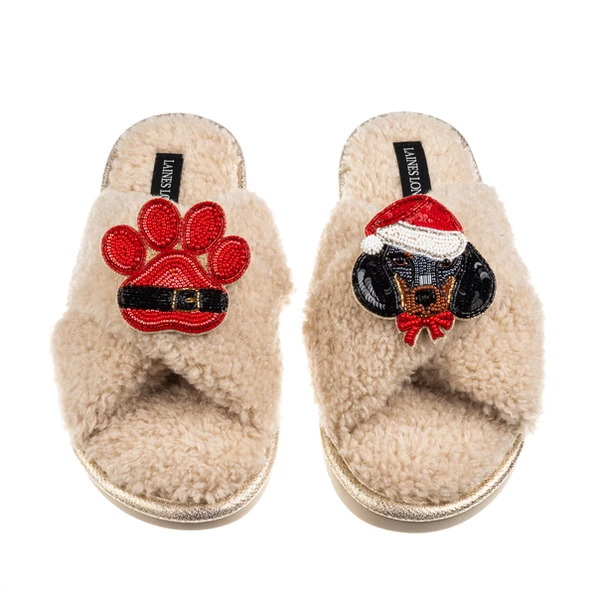 Laines London Laines Boucle Slippers With Christmas Dachshund & Paw Brooches
