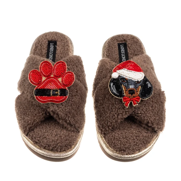 Laines London Laines Boucle Slippers With Christmas Dachshund & Paw Brooches