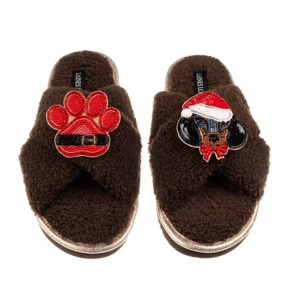 laines london Laines Boucle Slippers With Christmas Dachshund & Paw Brooches laines london Laines Boucle Slippers With Christmas Dachshund & Paw Brooches