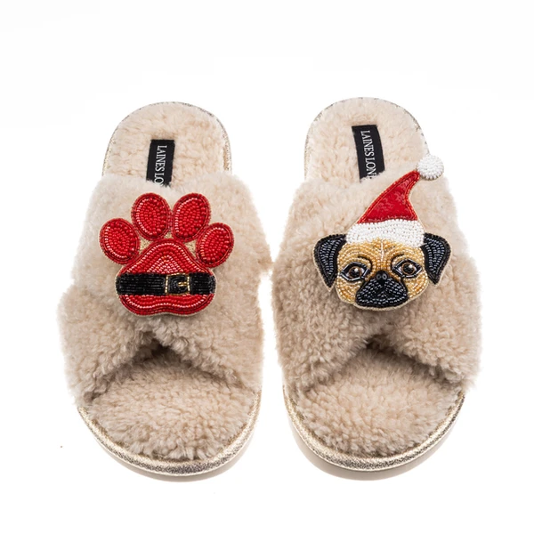 Laines London Laines Boucle Slippers With Christmas Fawn Pug & Paw Brooches