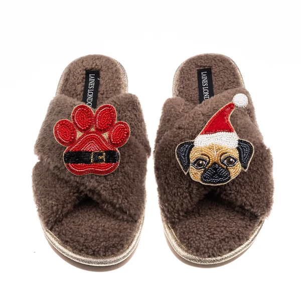 Laines London Laines Boucle Slippers With Christmas Fawn Pug & Paw Brooches