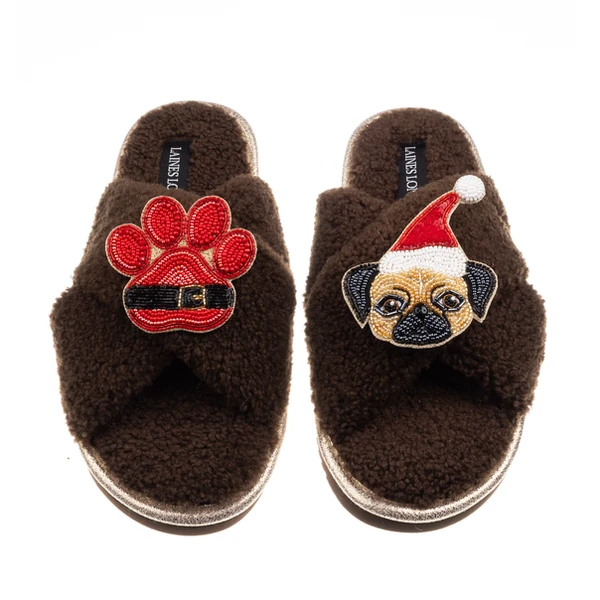 Laines London Laines Boucle Slippers With Christmas Fawn Pug & Paw Brooches