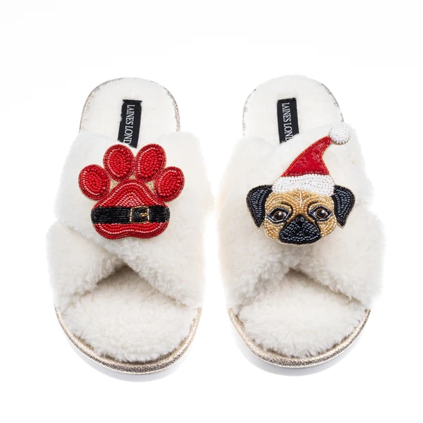 laines london Laines Boucle Slippers With Christmas Fawn Pug & Paw Brooches laines london Laines Boucle Slippers With Christmas Fawn Pug & Paw Brooches