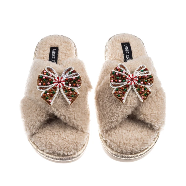Laines London Laines Boucle Slippers With Christmas Gingerbread Bows Brooches