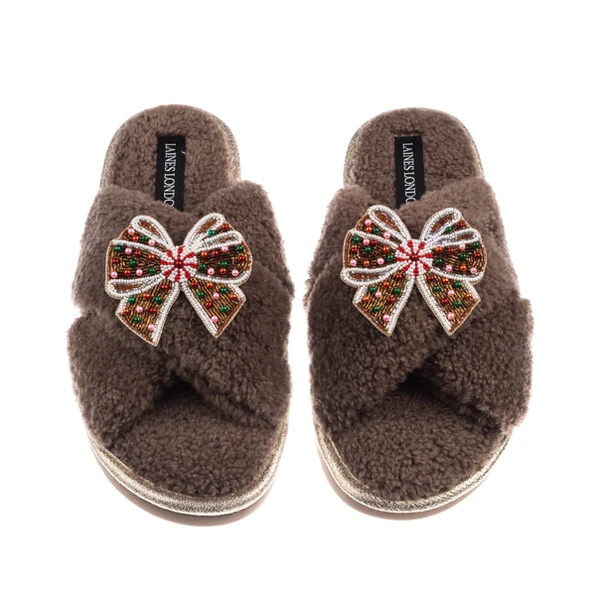 Laines London Laines Boucle Slippers With Christmas Gingerbread Bows Brooches