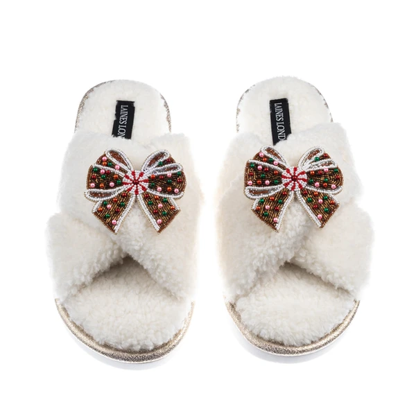 Laines London Laines Boucle Slippers With Christmas Gingerbread Bows Brooches