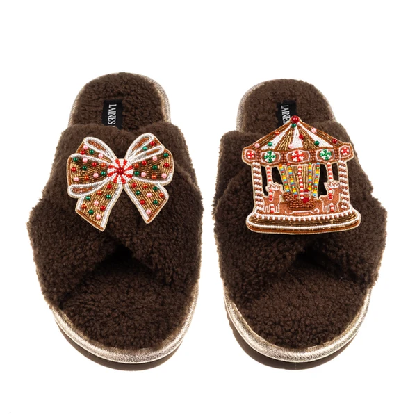 Laines London Laines Boucle Slippers With Christmas Gingerbread Bow & Carousel Brooches