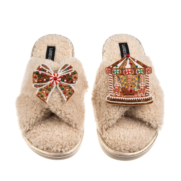 Laines London Laines Boucle Slippers With Christmas Gingerbread Bow & Carousel Brooches