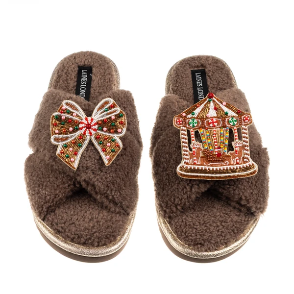 Laines London Laines Boucle Slippers With Christmas Gingerbread Bow & Carousel Brooches