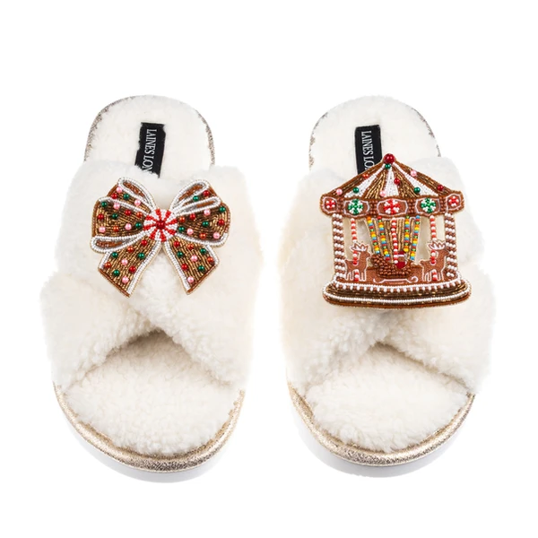 laines london Laines Boucle Slippers With Christmas Gingerbread Bow & Carousel Brooches