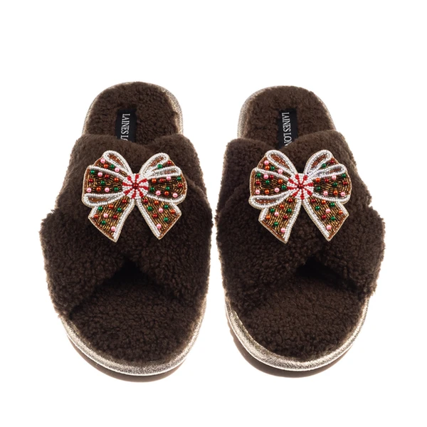 laines london Laines Boucle Slippers With Christmas Gingerbread Bows Brooches