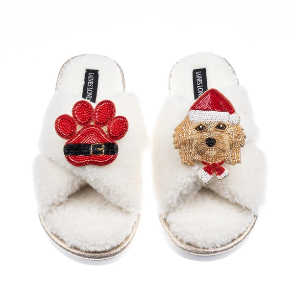 Laines London Laines Boucle Slippers With Christmas Golden Cavapoo & Paw Brooches