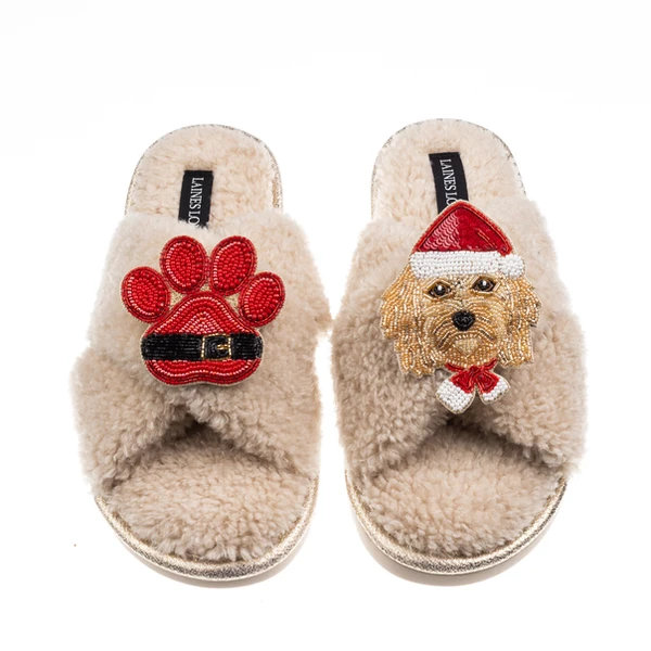 Laines London Laines Boucle Slippers With Christmas Golden Cavapoo & Paw Brooches