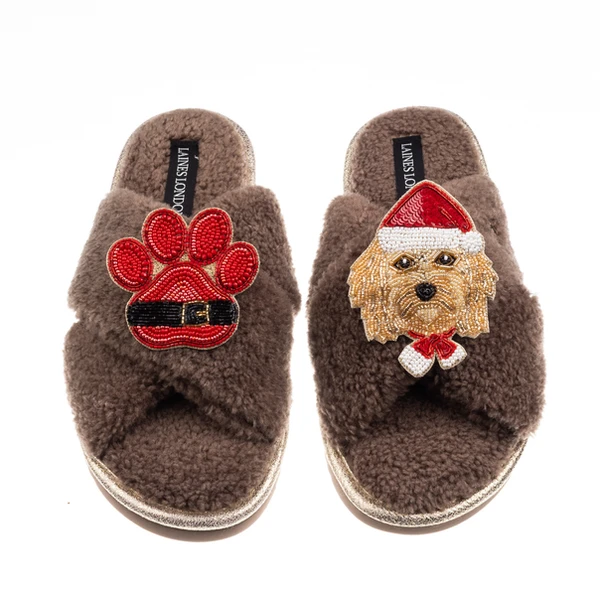 Laines London Laines Boucle Slippers With Christmas Golden Cavapoo & Paw Brooches