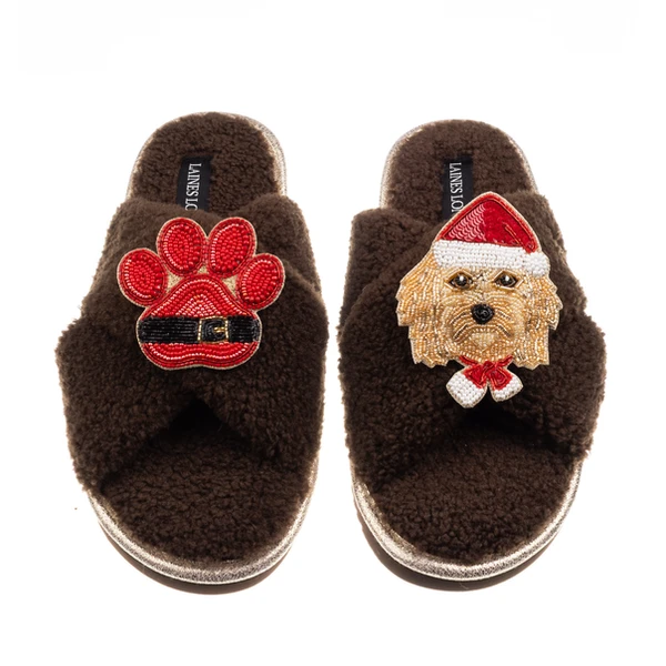 laines london Laines Boucle Slippers With Christmas Golden Cavapoo & Paw Brooches