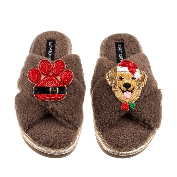Laines London Laines Boucle Slippers With Christmas Golden Retriever & Paw Brooches