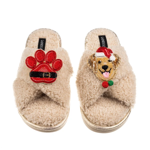 Laines London Laines Boucle Slippers With Christmas Golden Retriever & Paw Brooches