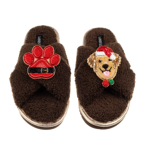 Laines London Laines Boucle Slippers With Christmas Golden Retriever & Paw Brooches