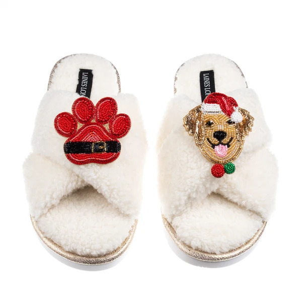laines london Laines Boucle Slippers With Christmas Golden Retriever & Paw Brooches