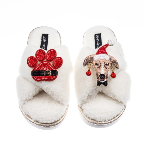 Laines London Laines Boucle Slippers With Christmas Greyhound & Paw Brooches