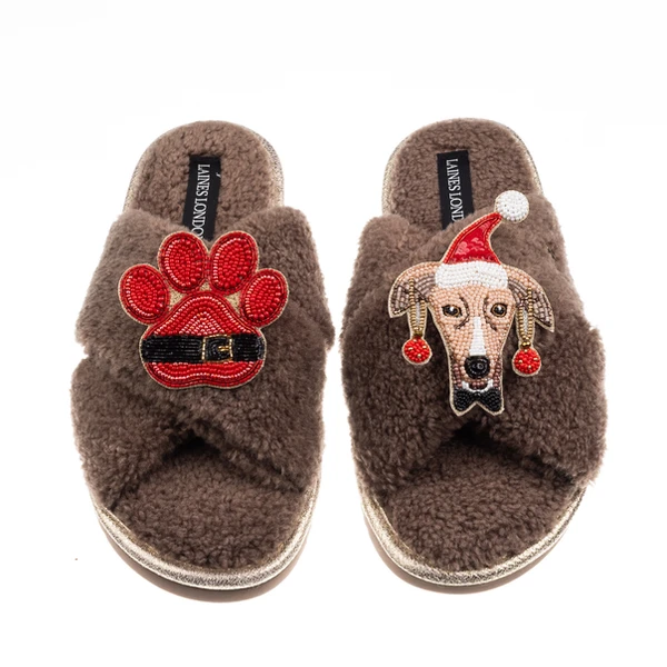 Laines London Laines Boucle Slippers With Christmas Greyhound & Paw Brooches