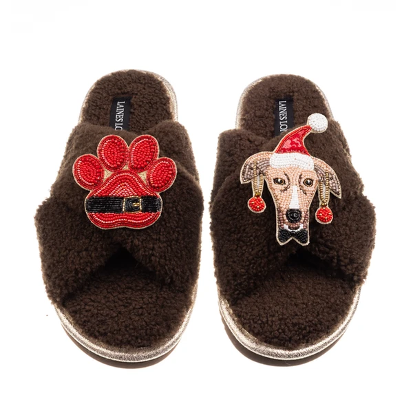 Laines London Laines Boucle Slippers With Christmas Greyhound & Paw Brooches