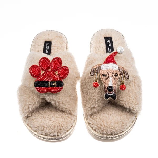 laines london Laines Boucle Slippers With Christmas Greyhound & Paw Brooches
