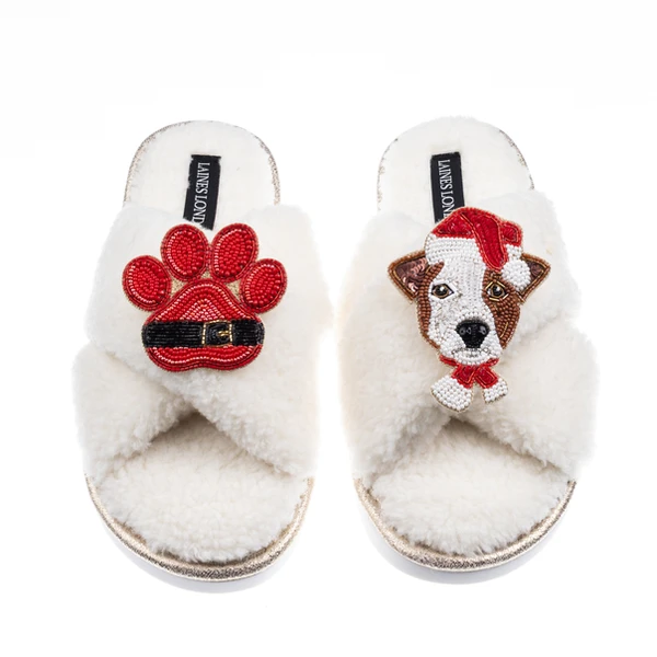 Laines London Laines Boucle Slippers With Christmas Jack Russell & Paw Brooches
