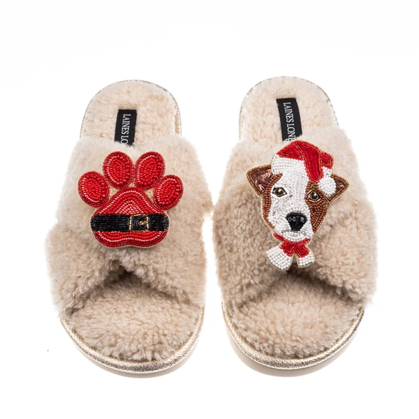 Laines London Laines Boucle Slippers With Christmas Jack Russell & Paw Brooches