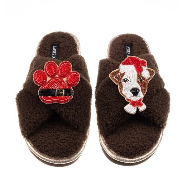Laines London Laines Boucle Slippers With Christmas Jack Russell & Paw Brooches