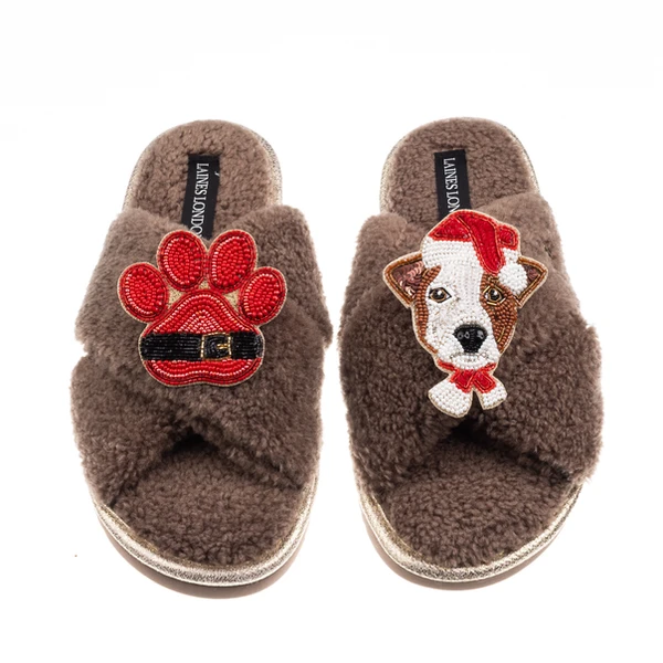laines london Laines Boucle Slippers With Christmas Jack Russell & Paw Brooches