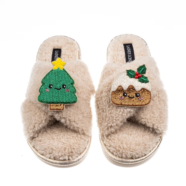 laines london Laines Boucle Slippers With Christmas Lovable Pudding & Tree Brooches