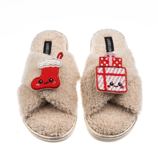 Laines London Laines Boucle Slippers With Christmas Lovable Stocking & Gift Brooches