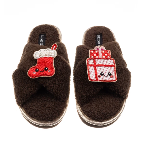 Laines London Laines Boucle Slippers With Christmas Lovable Stocking & Gift Brooches