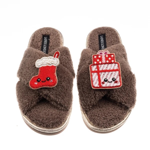 laines london Laines Boucle Slippers With Christmas Lovable Stocking & Gift Brooches
