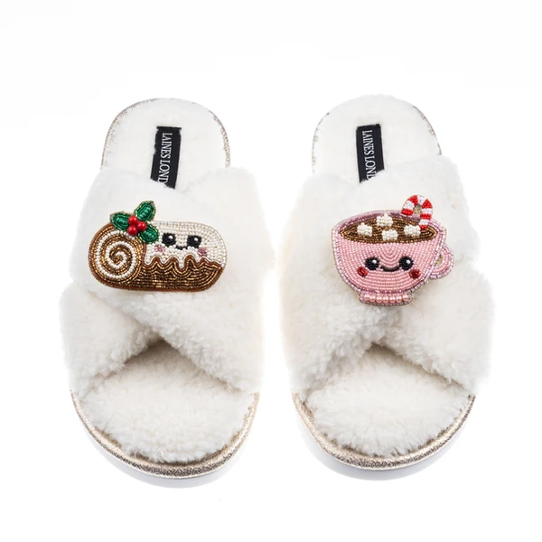Laines London Laines Boucle Slippers With Christmas Lovable Yule Log & Hot Chocolate Brooches
