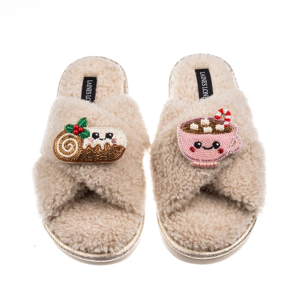 Laines London Laines Boucle Slippers With Christmas Lovable Yule Log & Hot Chocolate Brooches