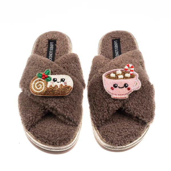 Laines London Laines Boucle Slippers With Christmas Lovable Yule Log & Hot Chocolate Brooches