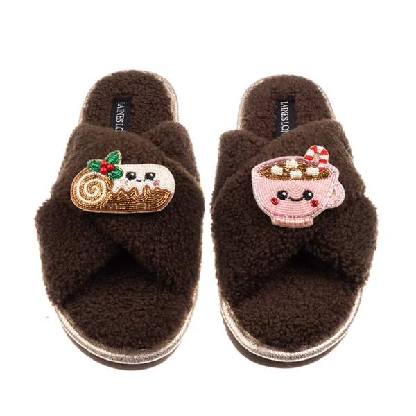 laines london Laines Boucle Slippers With Christmas Lovable Yule Log & Hot Chocolate Brooches laines london Laines Boucle Slippers With Christmas Lovable Yule Log & Hot Chocolate Brooches