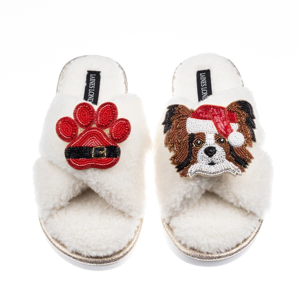 Laines London Laines Boucle Slippers With Christmas Papillon & Paw Brooches