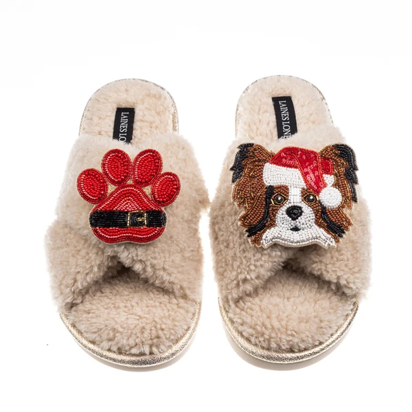 Laines London Laines Boucle Slippers With Christmas Papillon & Paw Brooches