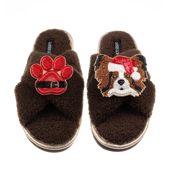 Laines London Laines Boucle Slippers With Christmas Papillon & Paw Brooches