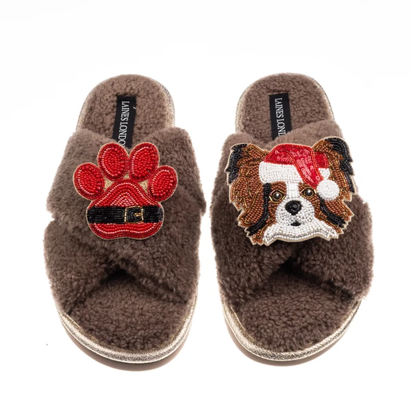laines london Laines Boucle Slippers With Christmas Papillon & Paw Brooches laines london Laines Boucle Slippers With Christmas Papillon & Paw Brooches