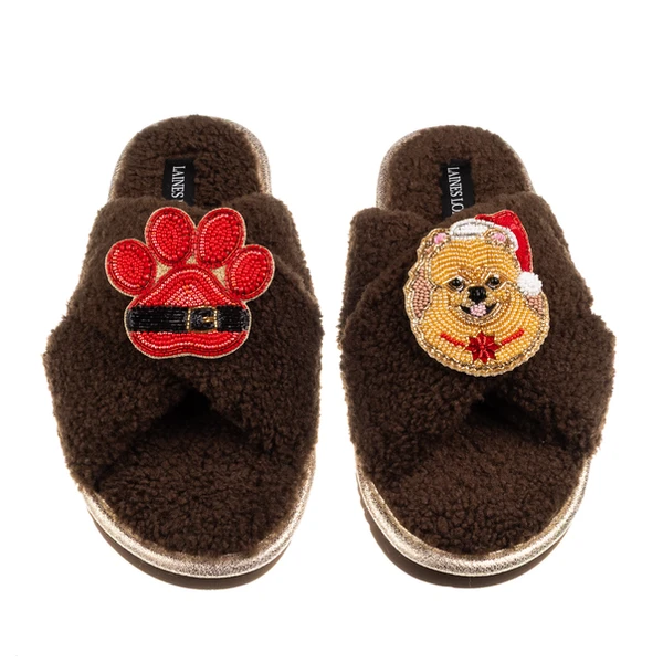 Laines London Laines Boucle Slippers With Christmas Pomeranian & Paw Brooches