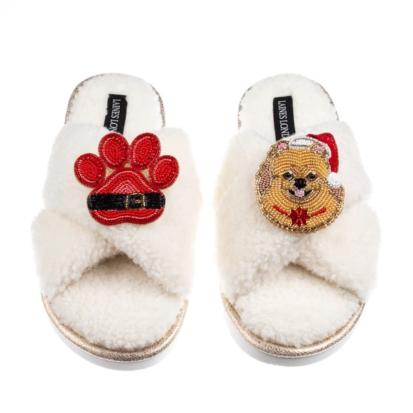 Laines London Laines Boucle Slippers With Christmas Pomeranian & Paw Brooches