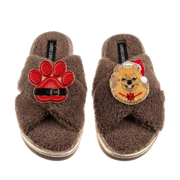 laines london Laines Boucle Slippers With Christmas Pomeranian & Paw Brooches